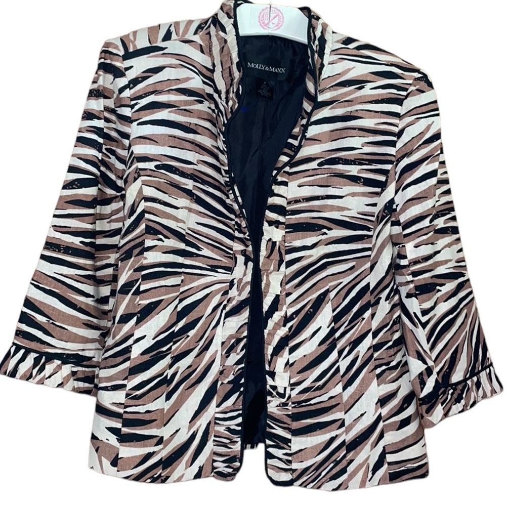 •MOLLY & MAXX•ANIMAL PRINT HOOK/EYE PUFF SHOULDER LINEN BLEND BLAZER SIZE SMALL